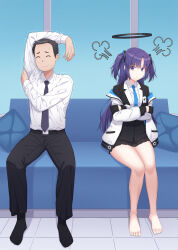 Rule 34 | 1boy, 1girl, ^ ^, angry, arm up, bare legs, barefoot, black gloves, black hair, black necktie, black socks, blazer, blue archive, blue necktie, business casual, closed eyes, coat, collared shirt, commentary, couch, crossed arms, english commentary, gloves, hair between eyes, highres, hood, hooded coat, id card, indoors, jacket, long hair, long sleeves, necktie, nervous sweating, one eye closed, open clothes, open coat, parted bangs, pleated skirt, purple eyes, purple hair, s-goon, school uniform, shaded face, shirt, sidelocks, sitting, skirt, socks, sweat, sweatdrop, thick thighs, thighs, toes, wavy mouth, white coat, white shirt, window, yuuka (blue archive)
