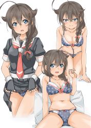 Rule 34 | 1girl, absurdres, ahoge, all fours, black hair, black serafuku, black skirt, blue bra, blue eyes, blue panties, bra, braid, clothes lift, commentary request, cowboy shot, frilled bra, frilled panties, frills, hair flaps, hair over shoulder, highres, kantai collection, lifting own clothes, maonatten, multiple views, neckerchief, panties, polka dot, polka dot bra, polka dot panties, red neckerchief, remodel (kantai collection), school uniform, serafuku, shigure (kancolle), simple background, single braid, sitting, skirt, skirt lift, spread legs, underwear, underwear only, white background