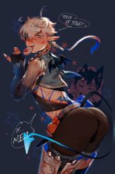 Rule 34 | 1boy, ahoge, alphinaud leveilleur, ass, blue eyes, blush, bulge, byebyefr0g, byefrog, candy, costume, demon tail, demon wings, ear blush, elezen, elf, final fantasy, final fantasy xiv, food, halloween, halloween costume, highres, licking, lollipop, long hair, pointy ears, ponytail, see-through, smile, solo, tagme, tail, teasing, tongue, underwear, white hair, wings, yaoi