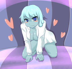 Rule 34 | blush stickers, bottomless, heart, monster girl, no bra, open clothes, open shirt, shirt, slime girl, smile, solo