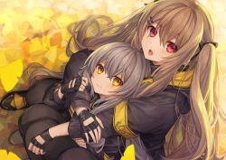 Rule 34 | 2girls, armband, black bow, black footwear, black gloves, black jacket, black pantyhose, blush, bow, brown eyes, brown hair, closed mouth, commentary request, coyucom, fingerless gloves, from above, ginkgo tree, ginkgo leaf, girls&#039; frontline, gloves, grey hair, hair between eyes, hair bow, hair ornament, hairclip, hug, hug from behind, jacket, leaf, long hair, long sleeves, looking at viewer, looking up, multiple girls, open mouth, pantyhose, puffy long sleeves, puffy sleeves, red eyes, scar, scar across eye, scar on face, shoes, twintails, ump45 (girls&#039; frontline), ump9 (girls&#039; frontline), very long hair
