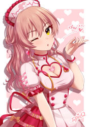 Rule 34 | 1girl, absurdres, blowing kiss, blush, bow, breasts, cleavage, dress, earrings, hat, highres, idolmaster, idolmaster cinderella girls, jewelry, jougasaki mika, long hair, looking at viewer, medium breasts, nail polish, nurse, nurse cap, one eye closed, open mouth, pink bow, pink dress, pink hair, solo, spicapix, stethoscope, yellow bow, yellow eyes
