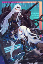 Rule 34 | 10s, 2girls, abyssal ship, aircraft carrier oni, aircraft carrier water oni, armor, armored boots, black footwear, boots, breasts, criin (659503), detached sleeves, dress, gauntlets, hair ornament, happy new year, kantai collection, large breasts, long hair, machinery, armored boots, multiple girls, new year, one side up, pale skin, red eyes, ribbed dress, sailor dress, short dress, side ponytail, skirt, thigh boots, thighhighs, very long hair, white hair, zettai ryouiki