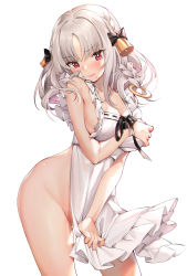 Rule 34 | 1girl, apron, bell, blush, braid, breasts, bright pupils, character request, copyright request, cowboy shot, douya (233), embarrassed, hair bell, hair ornament, hoop, large breasts, looking at viewer, mole, mole under mouth, naked apron, red eyes, silver hair, simple background, solo, white background