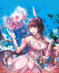 Rule 34 | 1girl, absurdres, animal ears, artist request, blue background, branch, breasts, brown hair, collar, douluo dalu, dress, flower, glowing flower, hand on own chest, hand up, highres, light rays, looking at viewer, medium breasts, metal collar, pink dress, ponytail, rabbit ears, solo, third-party source, upper body, xiao wu (douluo dalu)