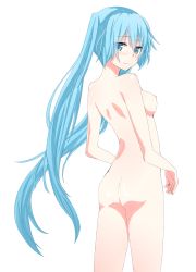 Rule 34 | 1girl, aqua eyes, aqua hair, ass, bad id, bad pixiv id, breasts, completely nude, hatsune miku, jack dempa, long hair, looking back, nipples, nude, simple background, small breasts, solo, twintails, very long hair, vocaloid, white background