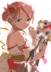 Rule 34 | 1girl, armlet, blurry, blurry foreground, blush, bow, bridal veil, closed mouth, depth of field, earrings, facing to the side, flower, gold trim, hair bun, hair flower, hair ornament, highres, japanese clothes, jewelry, kimono, lipstick, looking at viewer, love live!, love live! nijigasaki high school idol club, makeup, necklace, pearl necklace, pink hair, side part, single hair bun, smile, solo focus, taberu 343, uehara ayumu, upper body, veil, white flower, yellow eyes