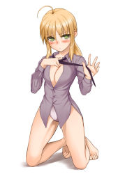 Rule 34 | 1girl, :&lt;, ahoge, artoria pendragon (all), artoria pendragon (fate), bad id, bad pixiv id, barefoot, blonde hair, blush, breasts, cleavage, dress shirt, fate/zero, fate (series), frown, green eyes, kneeling, large breasts, long sleeves, nearly naked shirt, necktie, nogi yasuhito, saber (fate), shirt, simple background, solo, undressing