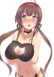 Rule 34 | 10s, 1girl, ahoge, animal ears, bare arms, bare shoulders, bell, black bra, black panties, black ribbon, blue eyes, blush, bra, breast hold, breasts, brown hair, cat cutout, cat ear panties, cat ears, cat lingerie, choker, cleavage, cleavage cutout, clothing cutout, collarbone, frilled bra, frills, green eyes, hair ribbon, hairband, heterochromia, highres, jingle bell, kazukoto, large breasts, long hair, looking at viewer, low twintails, meme attire, navel, neck bell, nose blush, open mouth, panties, red hairband, ribbon, ryoubi (senran kagura), senran kagura, senran kagura shinovi versus, side-tie panties, solo, stomach, twintails, underwear, underwear only, upper body