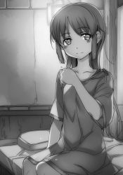 Rule 34 | 1girl, arm support, bed, bedroom, blush, collarbone, dress, greyscale, highres, indoors, long hair, looking at viewer, monochrome, novel illustration, official art, pillow, selka zuberg, short dress, sitting, smile, solo, sword art online, tears