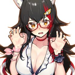 Rule 34 | 1girl, animal ear fluff, animal ears, bikini, black hair, blush, bracelet, breasts, brown eyes, choker, claw pose, cleavage, glasses, hair ornament, hairclip, halterneck, hands up, highres, hololive, jewelry, large breasts, long hair, looking at viewer, multicolored hair, nail polish, ookami mio, open mouth, oshiruko (oshiruco 212048), red choker, red hair, red nails, simple background, solo, streaked hair, swimsuit, tearing up, upper body, virtual youtuber, white background, white bikini, wolf ears, wrist cuffs