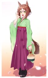 Rule 34 | 1girl, absurdres, alternate costume, animal ears, blush, brown hair, commentary request, fine motion (umamusume), folded ponytail, full body, green eyes, hair between eyes, hair ornament, highres, horse ears, horse tail, looking at viewer, onsoku inu, petals, simple background, solo, standing, tail, umamusume