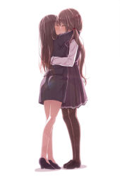 Rule 34 | 2girls, age difference, age progression, black legwear, blush, brown hair, closed eyes, couple, female focus, flat chest, from side, full body, hug, kago no tori, kiss, lens flare, long hair, multiple girls, mutual hug, original, pantyhose, school uniform, sexually suggestive, simple background, skirt, twintails, very long hair, white background, yuri