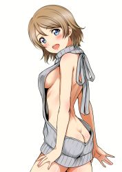 Rule 34 | 1girl, :d, absurdres, arms at sides, ass, back, backless outfit, bare arms, bare back, bare shoulders, body blush, breasts, brown hair, butt crack, cowboy shot, from side, grey ribbon, grey sweater, highres, looking at viewer, looking to the side, love live!, love live! sunshine!!, medium breasts, meme attire, naked sweater, no bra, no panties, open mouth, sankuro (agoitei), scan, short hair, sideboob, simple background, sleeveless, smile, solo, standing, sweater, tareme, turtleneck, turtleneck sweater, virgin killer sweater, watanabe you, white background