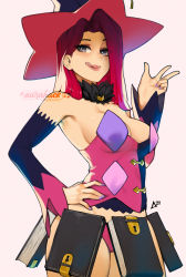 Rule 34 | 1girl, :q, artist name, aurahack, bare shoulders, book, borrowed character, breasts, cleavage, commentary, cosplay, cowboy shot, detached sleeves, grey background, hand on own hip, hand up, hat, highres, long hair, long sleeves, looking at viewer, magilou (tales), magilou (tales) (cosplay), medium breasts, multicolored hair, nail polish, original, panties, pink hair, pink hat, pink nails, pink panties, purple eyes, purple hat, red (raichiyo), red hair, simple background, smile, solo, tales of (series), tales of berseria, tongue, tongue out, two-tone hair, underwear, w, watermark, witch hat