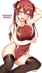 Rule 34 | 1girl, absurdres, aiuti, black thighhighs, breasts, character name, collarbone, commentary request, competition swimsuit, covered navel, heterochromia, highres, hololive, houshou marine, long hair, medium breasts, one-piece swimsuit, red eyes, red hair, red one-piece swimsuit, simple background, solo, swimsuit, thighhighs, twintails, twitter username, virtual youtuber, white background, yellow eyes