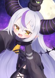 Rule 34 | 1girl, :d, animal, animal on head, bird, black dress, blush, brown eyes, commentary request, crow, crow (la+ darknesss), demon horns, dress, fang, full moon, green eyes, grey hair, hair between eyes, hand up, highres, hololive, horns, kokone (coconeeeco), la+ darknesss, la+ darknesss (1st costume), long hair, long sleeves, looking at viewer, moon, multicolored hair, on head, open mouth, pointy ears, purple hair, sleeves past fingers, sleeves past wrists, smile, solo, streaked hair, v-shaped eyebrows, very long hair, virtual youtuber