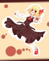 Rule 34 | 1girl, ascot, black skirt, blonde hair, blush, bow, fang, full body, gaius (nikoniko2), hair bow, hair ribbon, highres, long sleeves, looking at viewer, open mouth, outstretched arms, red eyes, red footwear, ribbon, rumia, shirt, shoes, short hair, simple background, skirt, socks, solo, touhou, vest, white shirt