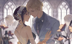 Rule 34 | 1boy, 1girl, backless dress, backless outfit, bare shoulders, black hair, blazer, blonde hair, blue eyes, breasts, collared shirt, couple, dress, face-to-face, fangge xx, flower, hair bun, hair flower, hair ornament, hairband, half-closed eyes, highres, husband and wife, jacket, long sleeves, parted lips, people, red eyes, shirt, sidelocks, single hair bun, sleeveless, sleeveless dress, smile, spy x family, twilight (spy x family), window, yor briar