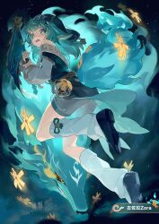 Rule 34 | 1girl, animal ears, artist name, bare shoulders, blue eyes, blue footwear, blue hat, blue jacket, flag, floating, floating object, fox ears, fox girl, fox tail, from below, full body, glowing, green hair, grey shorts, hat, highres, hitodama, holding, holding flag, honkai: star rail, honkai (series), huohuo (honkai: star rail), jacket, leg up, leg warmers, medium hair, night, night sky, off shoulder, ofuda, open mouth, outdoors, paw print-shaped pupils, second-party source, shoes, shorts, sky, solo, star (sky), starry sky, symbol-shaped pupils, tail, tail (honkai: star rail), talisman, ye xing caomei, yin yang hair ornament
