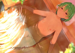 Rule 34 | 1girl, :o, azuse neko, breasts, collarbone, commentary request, completely nude, female pubic hair, from above, green hair, hair between eyes, looking at viewer, mole, mole under eye, navel, nipples, nude, original, partially submerged, pubic hair, red eyes, short hair, sitting, small breasts, solo, water, wet, wet hair