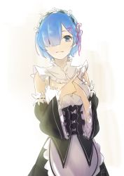 Rule 34 | 10s, 1girl, apron, blue eyes, blue hair, breasts, crossed fingers, crying, crying with eyes open, detached sleeves, frilled sleeves, frills, hair ornament, hair over eyes, hair over one eye, hand up, hantasy, highres, maid, maid apron, maid headdress, pink ribbon, re:zero kara hajimeru isekai seikatsu, rem (re:zero), ribbon, ribbon-trimmed clothes, ribbon trim, short hair, solo, tears, underbust, wavy mouth, x fingers, x hair ornament