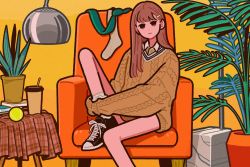 Rule 34 | 1girl, ball, black footwear, book, brown eyes, brown hair, brown sweater, cable knit, cup, drinking straw, expressionless, flat color, foot out of frame, hair ornament, hairclip, hat, highres, knit sweater, leaf, long hair, long sleeves, miyoshi yoshimi, original, plant, potted plant, shoes, socks, solo, sweater, tennis ball, white socks