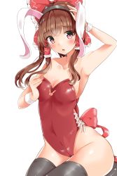 Rule 34 | 1girl, alternate costume, animal ears, arm up, armpits, bare arms, bare shoulders, black hairband, black thighhighs, blush, bow, breasts, brown hair, cleavage, cleavage cutout, clothing cutout, collarbone, commentary request, fake animal ears, feet out of frame, frilled bow, frills, fujiko (emnprmn), groin, hair bow, hair tubes, hairband, hakurei reimu, hand on own chest, highres, leotard, long hair, looking at viewer, medium breasts, open mouth, playboy bunny, ponytail, rabbit ears, red bow, red eyes, red footwear, seiza, shoes, sidelocks, simple background, sitting, solo, thighhighs, thighs, touhou, white background, wrist cuffs