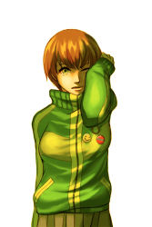 Rule 34 | 1girl, atlus, badge, brown hair, button badge, green eyes, jacket, persona, persona 4, pleated skirt, satonaka chie, short hair, simple background, skirt, smiley face, solo, takeo (alcor), takeo (qpqpqpqp), tears, track jacket, wiping tears