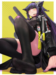 Rule 34 | 1girl, animal ear fluff, animal ears, arknights, arm support, black thighhighs, border, breasts, closed mouth, commentary request, convenient leg, eyelashes, fine fabric emphasis, full body, green eyes, headset, highres, jessica (arknights), large breasts, legs, long hair, long sleeves, looking at viewer, multicolored hair, no shoes, outside border, paid reward available, purple hair, see-through, see-through legwear, sidelocks, skindentation, soles, solo, squatting, streaked hair, thighhighs, thighs, toenails, toes, white border, yamauchi (conan-comy), yellow background