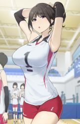 Rule 34 | 6+girls, :o, armpits, arms behind head, black hair, blouse, breasts, commentary request, highres, large breasts, looking at viewer, multiple girls, original, purple eyes, red shorts, shirt, short hair, shorts, solo focus, sweat, thighs, wakamatsu372, white shirt