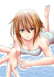 Rule 34 | 11la1047, 1girl, barefoot, blonde hair, bra, breasts, brown eyes, cleavage, collarbone, grand blue, grey bra, grey shorts, hair between eyes, highres, kotegawa chisa, leg up, looking at viewer, lying, midriff, on stomach, open mouth, outstretched arm, outstretched hand, short hair, short shorts, shorts, simple background, small breasts, soles, solo, strapless, strapless bra, underwear, white background