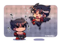 Rule 34 | 2boys, barefoot, black eyes, black hair, black pants, black wings, chain, chest tattoo, chibi, devil jin, fang, floating, forehead jewel, grey horns, horns, kazama jin, kotorai, male focus, multiple boys, no mouth, no nose, open mouth, pants, short hair, signature, studded gloves, tattoo, tekken, thick eyebrows, topless male, translation request, v-shaped eyebrows, wings, yellow eyes