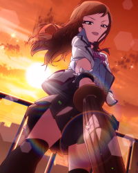 Rule 34 | 10s, 1girl, artist request, black thighhighs, bracelet, brown hair, dutch angle, idolmaster, idolmaster million live!, jewelry, kitazawa shiho, long hair, official art, shinai, signature, solo, spiked bracelet, spikes, sword, thighhighs, weapon, yellow eyes