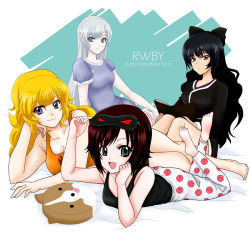 Rule 34 | 4girls, bad id, bad pixiv id, black hair, blake belladonna, blonde hair, book, bow, breasts, character name, copyright name, hair bow, jimauso, long hair, medium breasts, multiple girls, night clothes, nightgown, ponytail, purple eyes, red hair, ruby rose, rwby, scar, short hair, sleep mask, smile, weiss schnee, white hair, yang xiao long, yellow eyes
