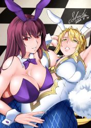 Rule 34 | 2girls, absurdres, ahoge, animal ears, armpits, arms up, artoria pendragon (all), artoria pendragon (fate), artoria pendragon (swimsuit ruler) (fate), bare shoulders, blonde hair, blue neckwear, blue pantyhose, braid, breasts, checkered floor, cleavage, clothing cutout, dated, detached collar, fake animal ears, fate/grand order, fate (series), feather boa, fishnet legwear, fishnets, french braid, green eyes, hair between eyes, highleg, highleg leotard, highres, large breasts, leotard, long hair, looking at viewer, lying, multiple girls, navel cutout, necktie, official alternate costume, on back, pantyhose, parted lips, playboy bunny, ponytail, purple hair, purple leotard, rabbit ears, red eyes, scathach (fate), scathach (piercing bunny) (fate), shiki (love-saber), sidelocks, smile, thighs, tiara, white leotard, wrist cuffs