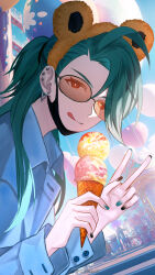 Rule 34 | 00kashian00, 1girl, :q, absurdres, blue shirt, brown hairband, closed mouth, collared shirt, commentary request, creatures (company), day, earrings, food, from side, game freak, green hair, green nails, hairband, hands up, highres, holding, ice cream, ice cream cone, jewelry, long hair, long sleeves, looking at viewer, looking to the side, nail polish, nintendo, orange-tinted eyewear, outdoors, pokemon, pokemon sv, rika (pokemon), shirt, solo, stud earrings, sunglasses, tinted eyewear, tongue, tongue out