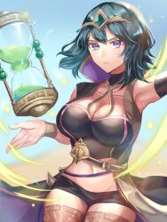 Rule 34 | 1girl, alternate costume, alternate hair length, alternate hairstyle, armpit peek, belt, blue eyes, blue hair, blue sky, bodice, breasts, bustier, byleth (female) (fire emblem), byleth (fire emblem), choker, circlet, cleavage, closed mouth, clothing cutout, coat, fire emblem, fire emblem: three houses, fire emblem heroes, hair between eyes, hair ornament, high collar, highres, hip bones, hourglass, large breasts, looking at viewer, medium hair, navel, navel cutout, nintendo, outdoors, pantyhose, patterned legwear, print pantyhose, sand, serious, short shorts, shorts, simple background, sky, solo, thighs, youhei choregi