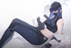 Rule 34 | 1girl, bare shoulders, baseball cap, belt, black belt, black gloves, black hat, black pants, black shirt, blue archive, blue hair, breasts, chilakkk, coat, commentary, crop top, feet out of frame, gloves, gradient background, grey background, hat, large breasts, leggings, long hair, looking at viewer, mask, midriff, mouth mask, navel, off shoulder, open clothes, open coat, pants, reclining, saori (blue archive), shirt, sleeveless, sleeveless shirt, solo, stomach, thighs, white background