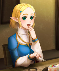 Rule 34 | 1girl, :d, artist name, blonde hair, braid, cake, cake slice, chair, cup, eating, food, fork, gold trim, green eyes, hair ornament, hairclip, holding, holding fork, indoors, long neck, nintendo, open mouth, pointy ears, princess zelda, sangachie, sitting, smile, solo, table, the legend of zelda, the legend of zelda: breath of the wild