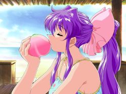 Rule 34 | 1990s (style), 1girl, artist request, bow, closed eyes, dancing blade, day, food, fruit, hair bow, huge bow, kiss, long hair, momohime (dancing blade), name connection, object kiss, object namesake, outdoors, peach, pink bow, ponytail, profile, purple hair, retro artstyle, sidelocks, solo, spaghetti strap, swimsuit, upper body