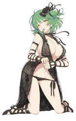 Rule 34 | 1girl, adjusting clothes, arm belt, armpits, black bow, black choker, black flower, black rose, bow, bow choker, breast tattoo, breasts, choker, cleavage, earrings, flower, gem, green hair, groin, highres, hikage (senran kagura), jewelry, kneeling, lace, lace-trimmed panties, lace trim, large breasts, looking at viewer, mouth hold, navel, official art, panties, panty pull, pearl (gemstone), pearl hair ornament, rose, senran kagura, senran kagura burst, senran kagura shoujo-tachi no shin&#039;ei, short hair, side-tie panties, side ponytail, simple background, slit pupils, solo, tattoo, underwear, white background, yaegashi nan, yellow eyes
