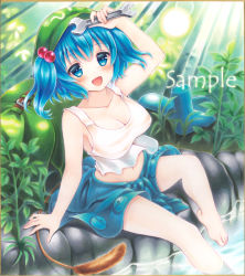 Rule 34 | 1girl, :d, arm support, arm up, backpack, bag, bare arms, barefoot, blouse, blue eyes, blue hair, blush, boots, breasts, cattail, cleavage, clothes around waist, collarbone, dappled sunlight, day, grass, hair ornament, hat, holding, kawashiro nitori, knee up, kodamahikarigo, large breasts, light rays, looking at viewer, midriff, nature, navel, open mouth, outdoors, plant, pocket, rubber boots, sample watermark, shirt, short hair, sitting, smile, soaking feet, solo, sunlight, tank top, thighs, touhou, traditional media, two side up, unworn backpack, unworn bag, unworn boots, water, watermark, white shirt, wrench