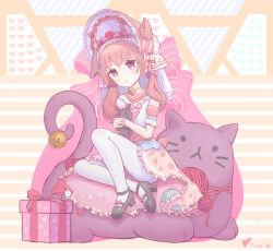 Rule 34 | 1girl, absurdres, animal, animal ears, bell, black footwear, blush, bonnet, bow, brown hair, cat, chestnut mouth, choker, dusttodusk, full body, gift, heart, highres, holding, holding animal, neck bell, original, pantyhose, pillow, pink bow, pink eyes, pink headwear, rabbit, short sleeves, sitting, solo, tail, tail bell, tail ornament, twintails, white pantyhose, yarn, yarn ball