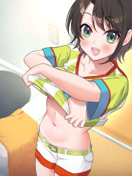 Rule 34 | 1girl, ayakichi, belt, blue eyes, blush, breasts, brown hair, clothes lift, highres, hololive, lifting own clothes, looking at viewer, medium breasts, navel, oozora subaru, oozora subaru (1st costume), open mouth, shirt, shirt lift, short hair, shorts, smile, solo, striped clothes, striped shirt, vertical-striped clothes, vertical-striped shirt, virtual youtuber, white shorts, yellow belt, yellow shirt