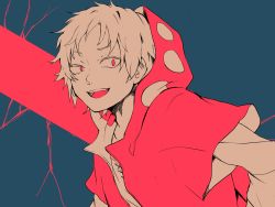 Rule 34 | 1boy, :d, clip studio paint (medium), greatpengh, highres, hood, hoodie, kagerou project, kano shuuya, layered sleeves, long sleeves, male focus, monochrome, official style, open mouth, red eyes, red theme, short over long sleeves, short sleeves, smile, solo, spot color