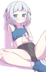 Rule 34 | 1girl, arm support, black buruma, blue eyes, blue footwear, blue hair, blue tank top, blunt bangs, blush, bottle, breasts, buruma, closed mouth, crop top, gawr gura, hair ornament, highres, holding, holding bottle, hololive, hololive english, inaririn, looking at viewer, medium hair, midriff, multicolored hair, navel, sitting, small breasts, smile, solo, split mouth, spread legs, streaked hair, tank top, virtual youtuber, white hair