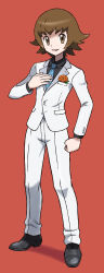Rule 34 | 1boy, absurdres, alternate costume, black footwear, black shirt, blue necktie, brown eyes, brown hair, buttons, clenched hand, collared shirt, commentary request, creatures (company), flower, full body, game freak, highres, hilbert (pokemon), ice ground, jacket, looking at viewer, male focus, necktie, nintendo, official style, orange flower, pants, pokemon, pokemon bw, shirt, shoes, short hair, smile, solo, standing, white jacket, white pants