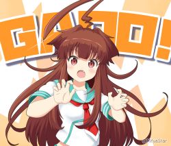 Rule 34 | 1girl, :o, ahoge, blue sailor collar, blush, breasts, brown eyes, brown hair, claw pose, collarbone, commentary, fang, gao, hands up, kantai collection, kuma (kancolle), long hair, looking at viewer, mitya, necktie, open mouth, red necktie, romaji commentary, sailor collar, school uniform, serafuku, shirt, short sleeves, small breasts, solo, sparkle, twitter username, very long hair, white shirt