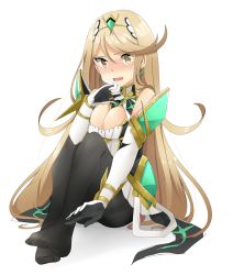 Rule 34 | 1girl, bare shoulders, black pantyhose, blonde hair, blush, breasts, dress, earrings, elbow gloves, gem, gloves, hair ornament, headpiece, jewelry, large breasts, long hair, looking at viewer, mythra (massive melee) (xenoblade), mythra (xenoblade), nashirasauce, nintendo, pantyhose, shy, simple background, solo, spirit (super smash bros.), super smash bros., swept bangs, tiara, tsundere, very long hair, white background, white dress, xenoblade chronicles (series), xenoblade chronicles 2, yellow eyes